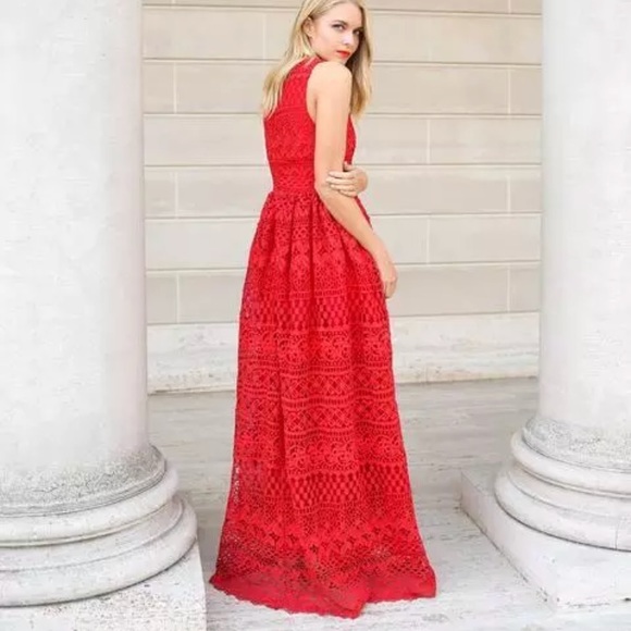 Red crochet lace maxi dress formal gown long - Picture 4 of 7